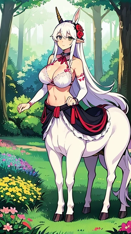 high quality, masterpiece, full body, anime style, plains, forest in background, 1girl, centaur girl, unicorn centaur, mature, sexy, lustful, lustful look, mature, slim and sexy body, white hair, chaste, white horse body, floral clothing decorations, delicate bra, delicate, saddle, flower ring, flower embeddings, magical atmosphere,