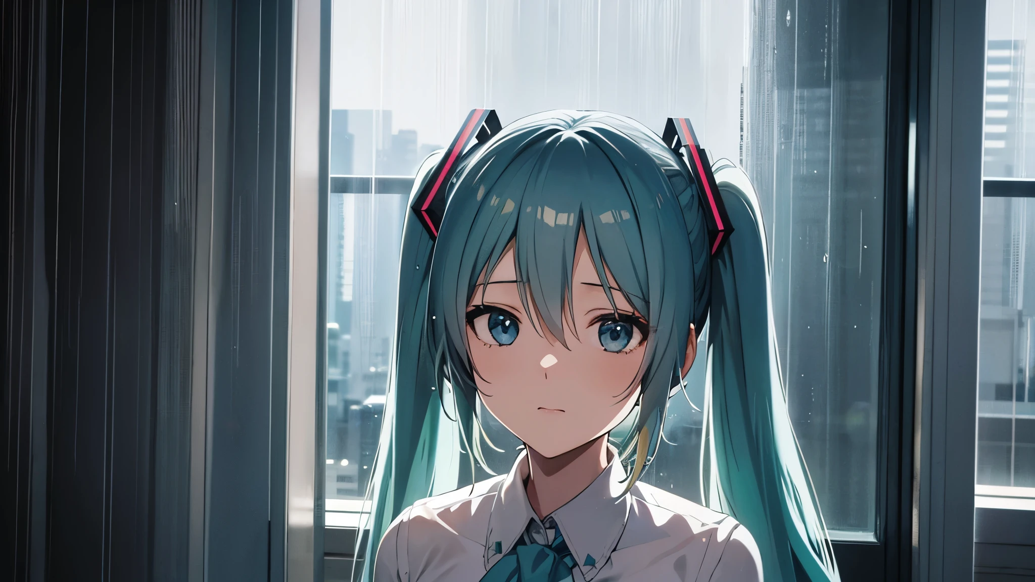Anime characters、Hatsune Miku、Twin tails、whole body、Watching the rainy scenery
