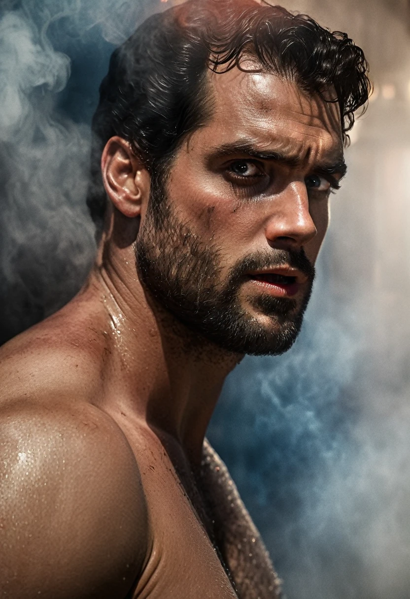 Photo RAW portrait handsome, Henry Cavill super man, piercing gaze,  high quality textures, high quality shadows, high detail, beautiful detail, fine detail, extremely detailed computer graphics, detailed textures, realistic faces, atmosphere of fear and unease, sensual moment from the point of view of someone in a close embrace with a muscular man bathing in smoke with bright laser eyes