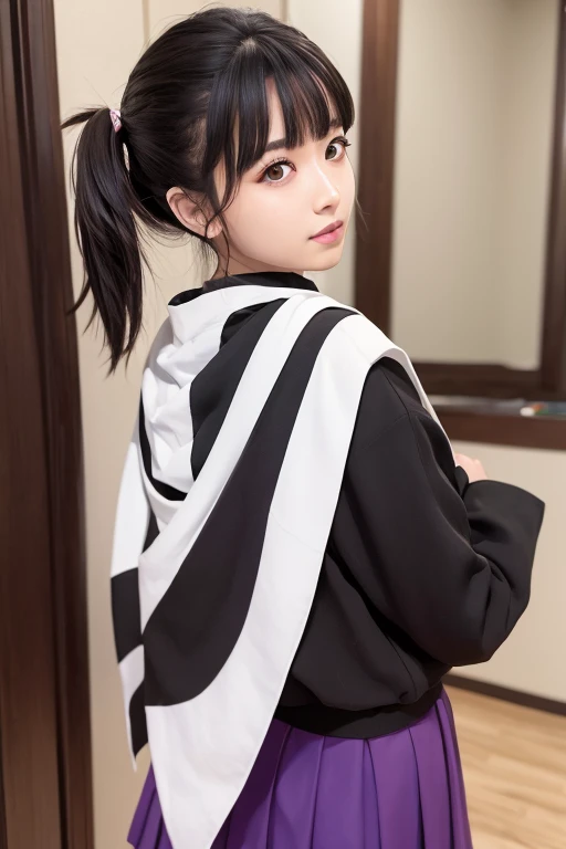 kanaotsuyuri, kanao tsuyuri, Black Hair, butterfly, butterfly hair ornament, (Purple eyes:1.1), side ponytail, ponytail, break black skirt, Cape, Demon Slayer uniform, Long sleeve, pleated skirt, skirt, white Cape, break looking at viewer, break indoors, classroom, break (masterpiece:1.2), highest quality, High resolution, unity 8k wallpaper, (figure:0.8), (Beautiful fine details:1.6), Highly detailed face, Perfect lighting, Highly detailed CG, (Perfect hands, Perfect Anatomy),