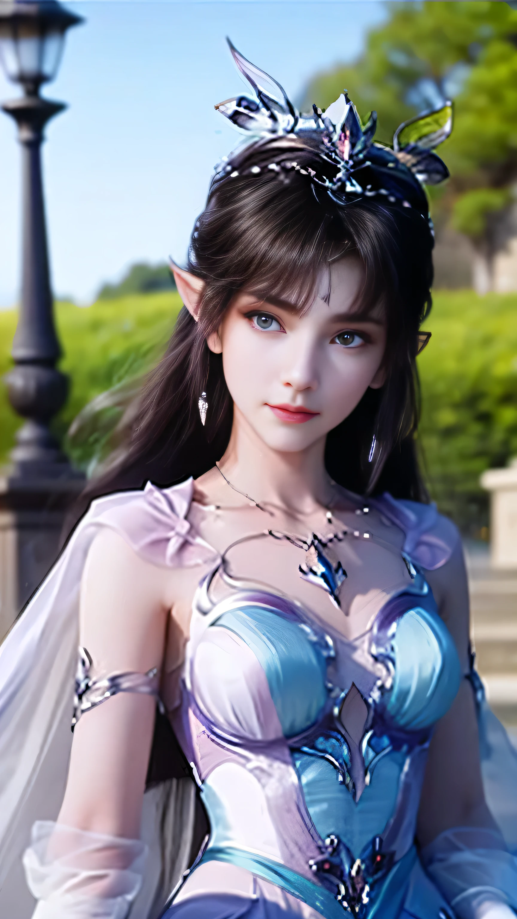 8k, masterpiece, a close up of a woman in a blue dress, a beautiful fantasy empress, beautiful fantasy maiden, fantasy art style, trending on cgstation, beautiful and elegant elf queen, beautiful maiden, shining skin, intricate ornate anime cgi style, ((a beautiful fantasy blue empress)), beautiful alluring Realistic woman, shining skin, in the park, sun shining, Realistic shadow, ((front body pose)), sitting,