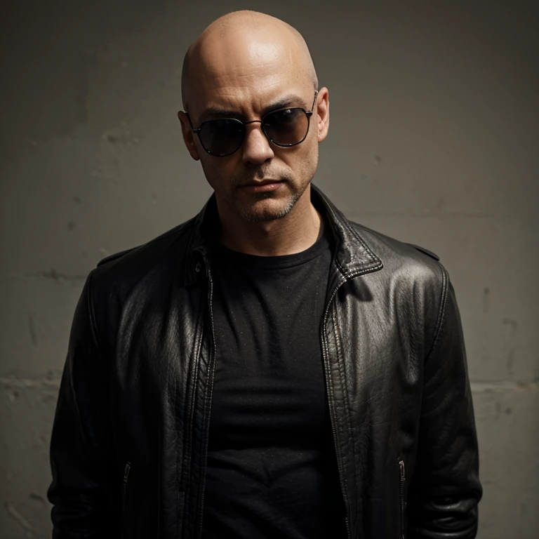 A bald Guy wearing black leather jacket and sunglasses. Looking fearless and jacked up