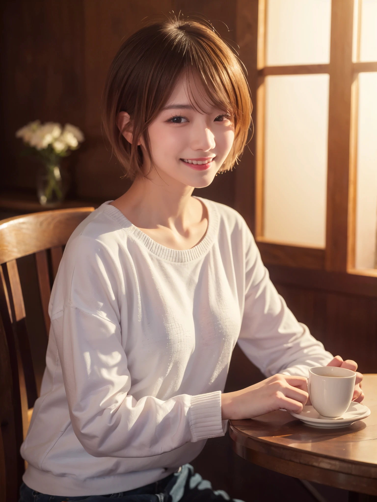 22 year old Japanese woman in casual clothes in the living room、Observe the audience、Pose with a smile(highest quality、masterpiece)))、High resolution、Very detailed、masterpiece、Cinema Lighting、(8k、highest quality、masterpiece:1.2)、(Realistic、Realistic:1.37) High resolution、Super detailed、One Girl 、Asian, cute, cute顔, alone, short hair1.2, Textured skin, Beautiful smile, Beautifully detailed skies, night, Cinema Lighting, Written boundary depth, Lens flare light、Sitting、date、(Blushing your nose)、(Laughter:1.15)、(Mouth closed)Small breasts、A beautiful eye for detail、(sweater:1.1)、night、(short hair:1.2)、Floating Hair Nova Frog Style、