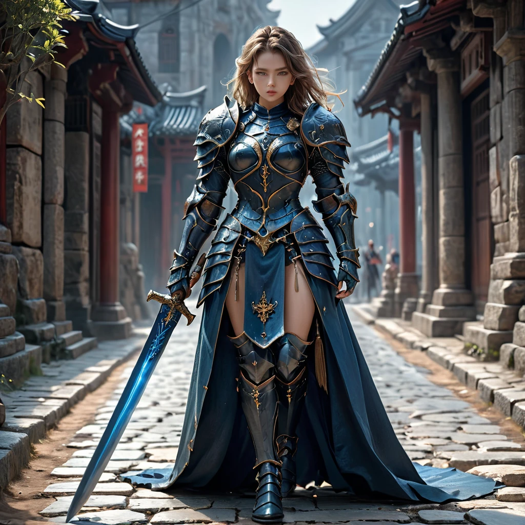 amazing quality, masterpiece, best quality, hyper detailed, ultra detailed, UHD, perfect anatomy, perfect body
fashion show, model, stylish pose, wearing full body fantastic armor, holding sword, walking, stone road, (random color:1.4),
HKStyle,
extremely detailed,