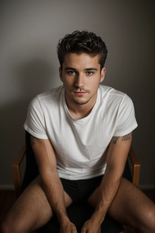 ((1 guy)) (white guy) wearing a black shirt, with a tattoo on his neck, manly (sitting on a chair in a formal manner, with his body forward and looking at the camera as if he were participating in an online meeting) , very detailed, 18 years old, natural wave hair, brown eyes, ((short facial hair)), high resolution, Artwork, best quality, intricate details, highly detailed, sharp focus, detailed skin, realistic skin texture , texture, detailed eyes, Professional, 4k, shot on Canon, 85mm, Shallow depth of field, kodak vision color, perfectly shaped body, extremely detailed, photo_\(ultra\), photorealistic, realistic, post-processing, detail maximum, roughness, real life, ultra realistic, photorealism, photography, 8k hd, photography (film grain) ((medium shot atmospheric dark lighting))
