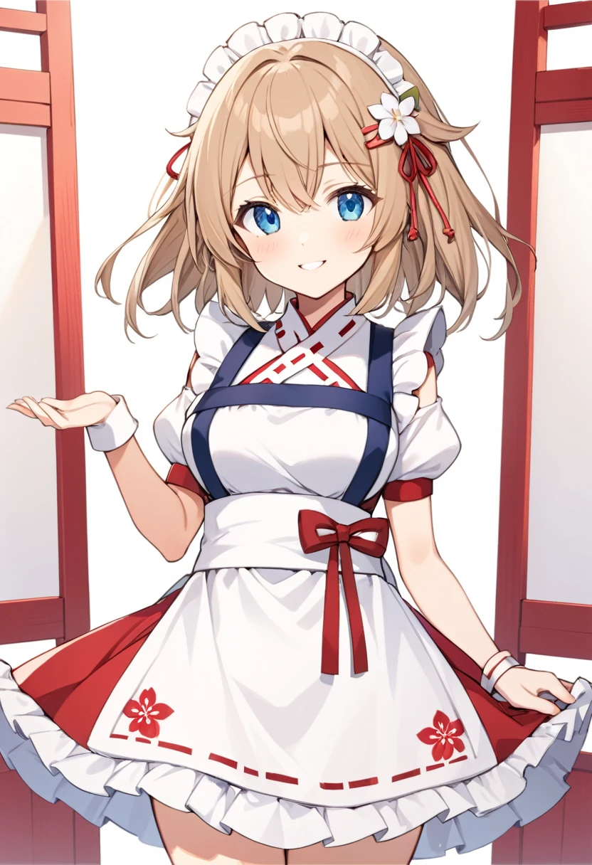 1girl,light brown color medium length hair,tareme,(blue eyes)+,kind smile,medium breasts,fusion of miko clothes and maid costume,