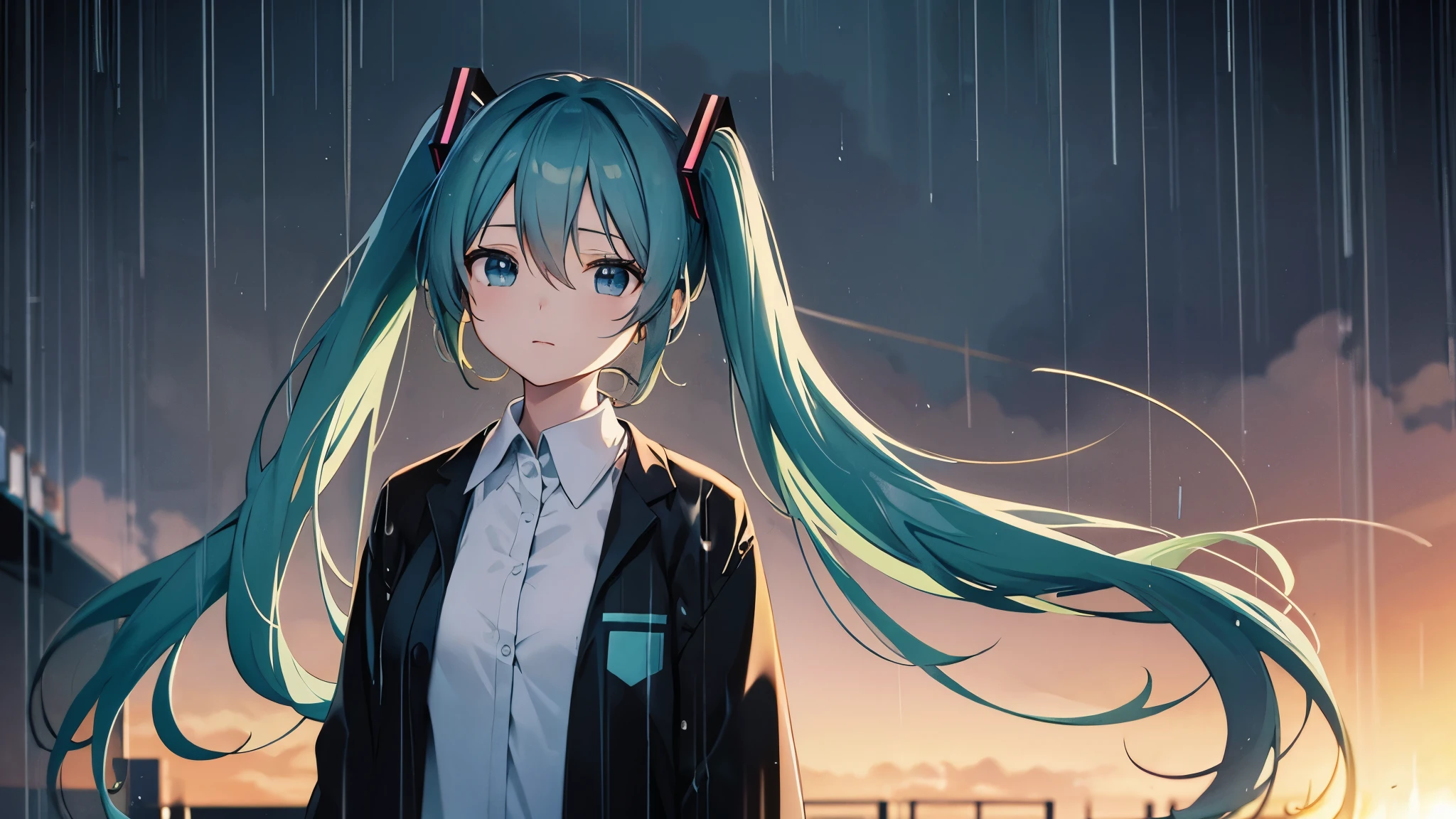 Anime characters、Hatsune Miku、Twin tails、whole body、Watching the rainy scenery