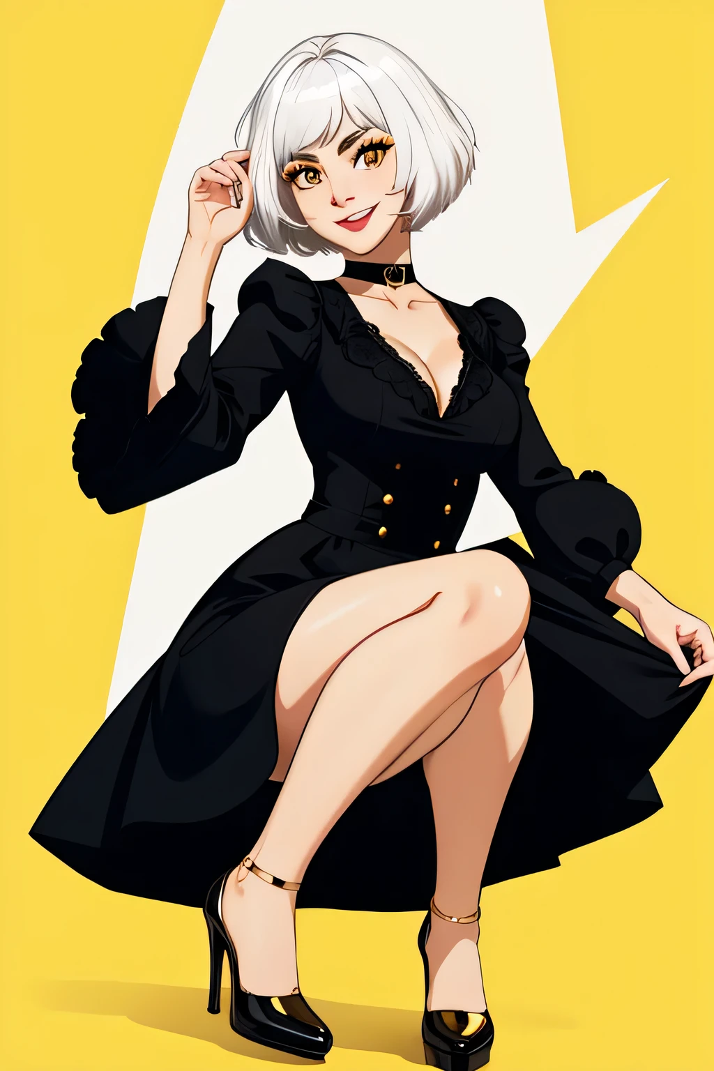 1 woman,Short hair, ((white hair)),thick eyebrows,gold eyes,black choker, dark eyebrows, smiling,yellow sundress, high heels