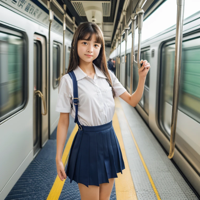 (8k, RAW photo, best quality, masterpiece:1.2), High detail RAW color photo, professional photograph, (realistic, photo realistic:1.37), ((best quality)),On the way to school, (((a beautiful and cute girl in a junior high  stands on her tiptoes because of her short stature, and holds on to the straps of the train with her right arm stretched out straight:1.68))),((the girl is 13 years old)),feminine,((The girl is 138cm tall:1.37)), ((the girl is baby face)),(((the girl has small cute face))), ((big double eyelid eyes)), ((small cute nose)), ((slim waist)), ((small hip)), (looking at viewer:1.2),smooth hair, smooth skins, ((no manicure)), ((no maked up)), ((no accessary)),(the girl is wearing uniforms consisting of a white open-collar business shirt and a navy blue school skirt),((The girl is hanging on to the strap with her right hand)),