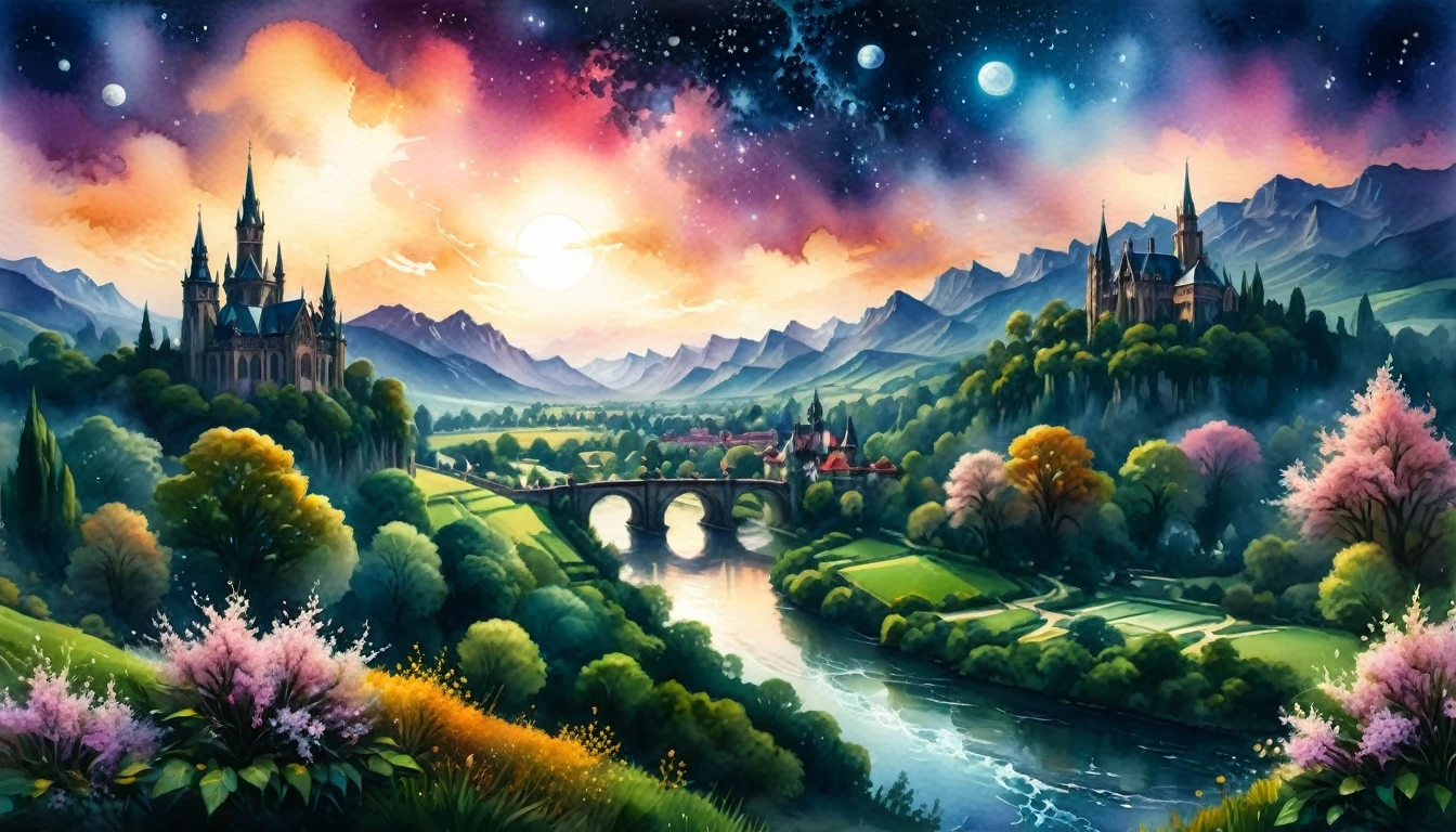 Watercolor painting, masterpiece in maximum 16K resolution, superb quality, highly detailed, ((view from the castle wall with a blooming branch)), vast nature landscape with Gothic spires and snowy peaks, ((magic orbs)), grand ornate bridge over the river, twilight warm hues, serene atmosphere.