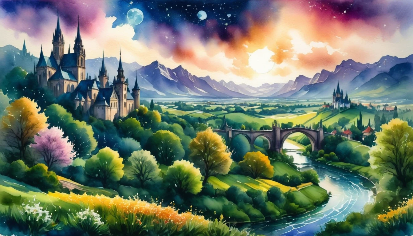 Watercolor painting, masterpiece in maximum 16K resolution, superb quality, highly detailed, ((view from the castle wall with a blooming branch)), vast nature landscape with Gothic spires and snowy peaks, ((magic orbs)), grand ornate bridge over the river, twilight warm hues, serene atmosphere.