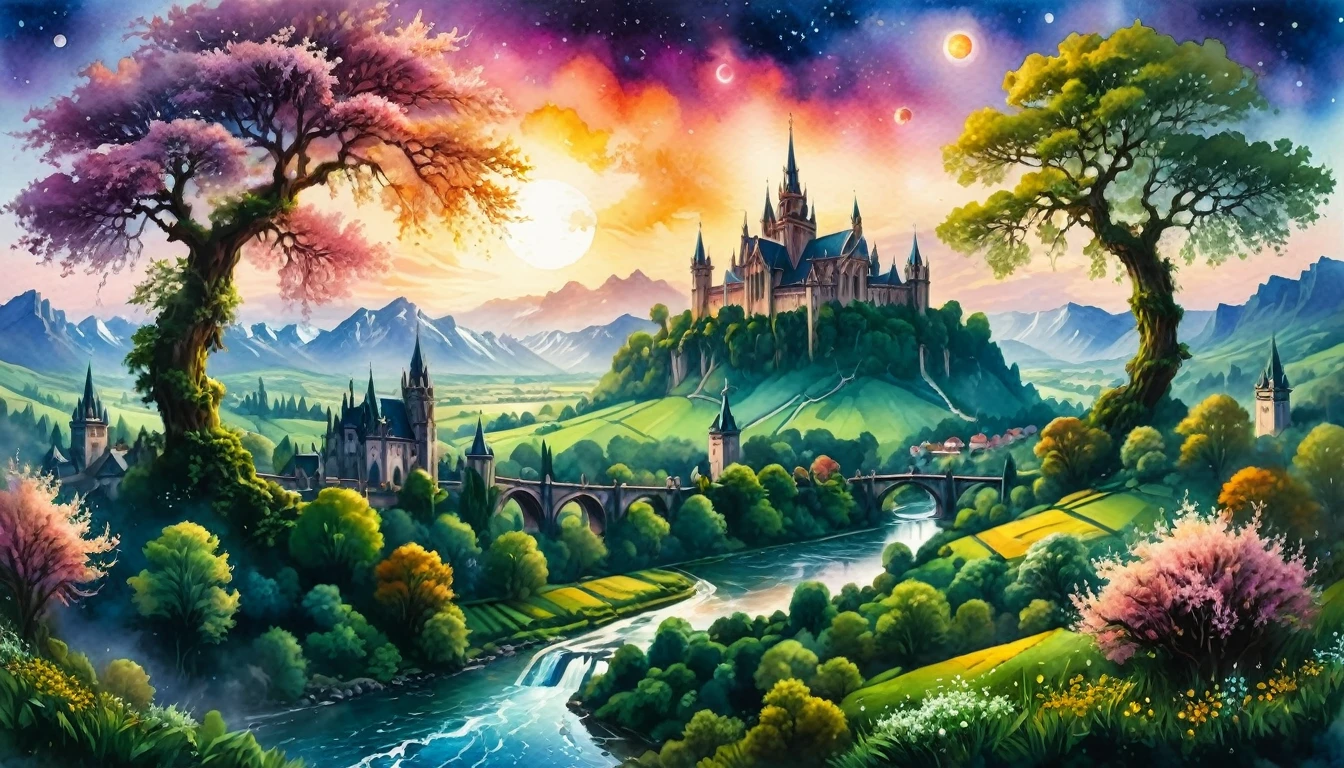 Watercolor painting, masterpiece in maximum 16K resolution, superb quality, highly detailed, ((view from the castle wall with a blooming branch)), vast nature landscape with Gothic spires and snowy peaks, ((magic orbs)), grand ornate bridge over the river, twilight warm hues, serene atmosphere.