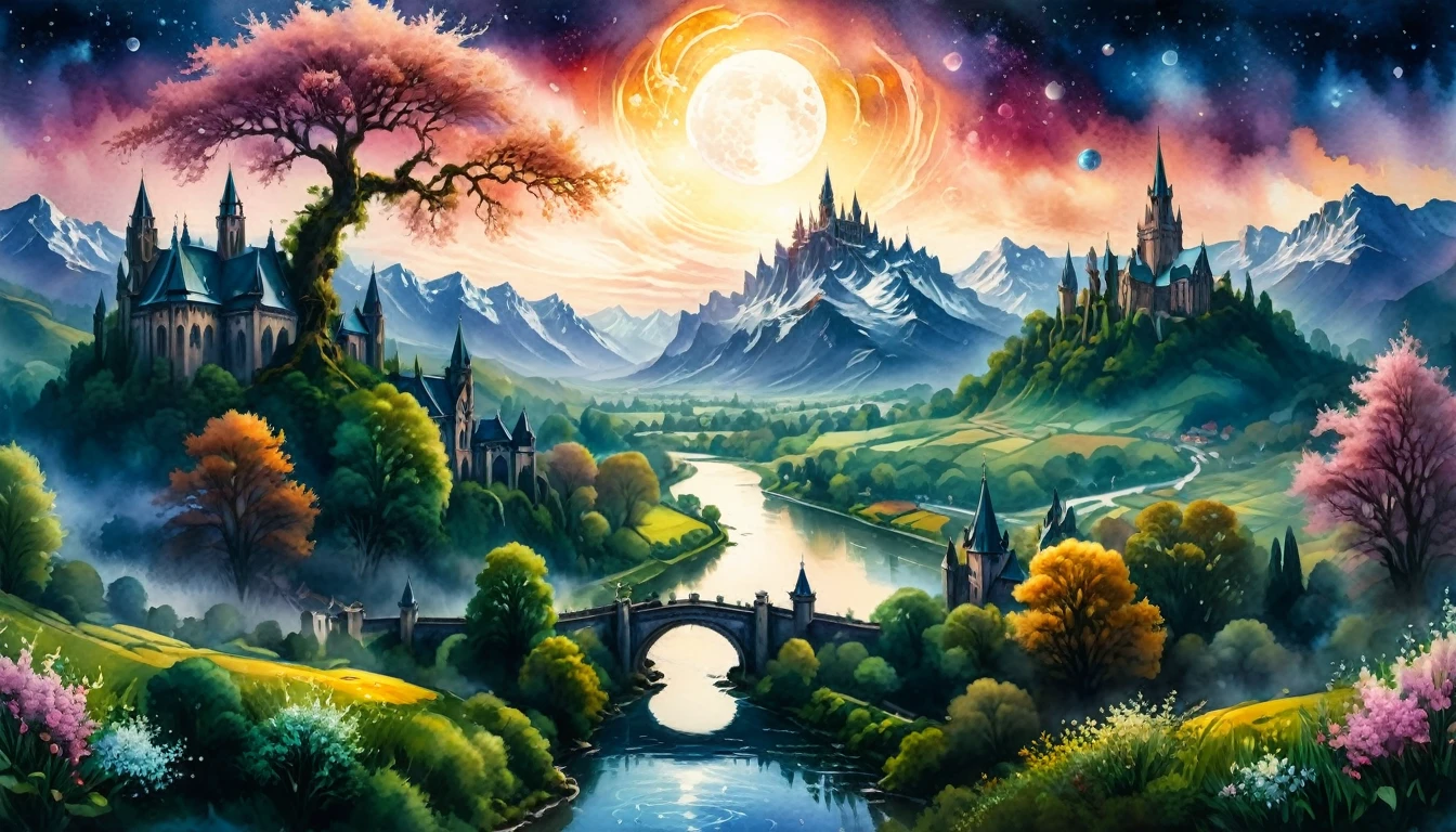 Watercolor painting, masterpiece in maximum 16K resolution, superb quality, highly detailed, ((view from the castle wall with a blooming branch)), vast nature landscape with Gothic spires and snowy peaks, ((magic orbs)), grand ornate bridge over the river, twilight warm hues, serene atmosphere.