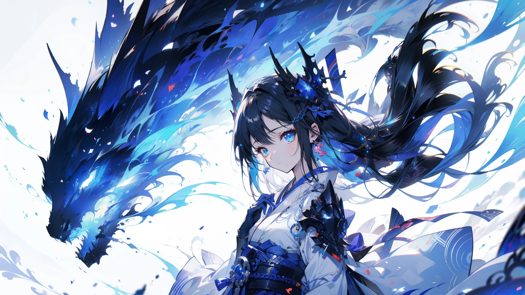 Anime Figures,Has black wings and a blue skirt,Kneel and sit on a white surface, View your viewers, Panoramic View, Vision, Beginning with the night of the ark, artstation Popular topics on pixiv, Arc Knight, Digital art on pixiv, (White background), onmyoji detailed art, Japanese anime fantasy illustration, author:hero, Anime Art Wallpapers 8K, Sky Witch, pixiv style, anime art wallpaper 4k, anime art wallpaper 4k, Minimum, small,