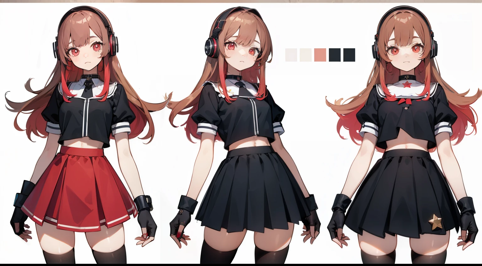 ((masterpiece, highest quality)), Detailed face, Character Sheet, whole body, Full of details, Various poses and expressions, Very detailed, depth, Many parts, One girl, Girl in skirt and headphones, :3, Long Hair, bangs, Multicolored Hair, Two-tone hair, Gradient Hair, pinkish-brown hair, Black crop top, Red Skirt, gloves, stockings, Black choker, Red eyes, star (symbol), symbol-shaped pupils,