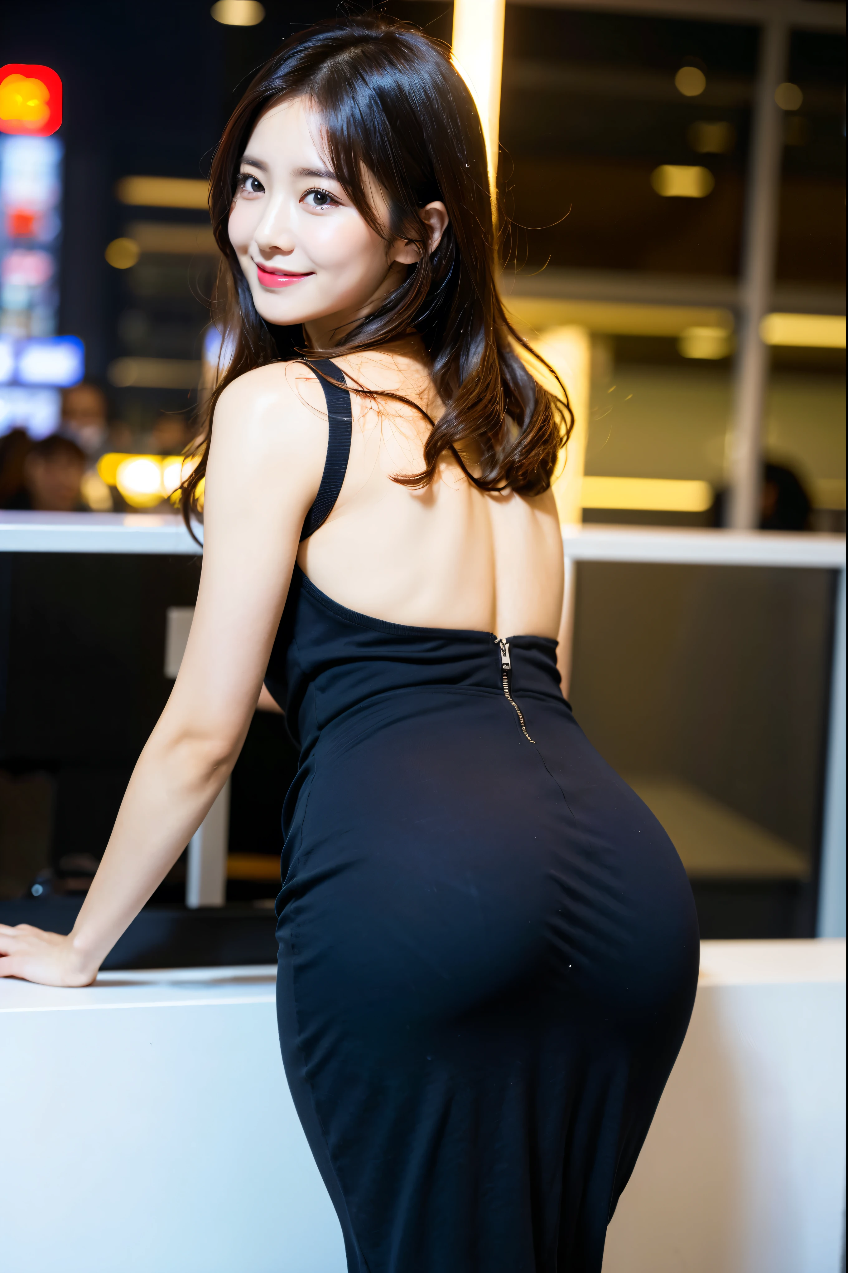(masterpiece:1.3), (8k, Realistic, Raw photo, highest quality: 1.4), Japan, Beautiful Face, (Realistic Face), (Medium Hair:1.3), Realistic eyes, Beautiful Eyes, (Real Skin), Beautiful Skin, Charm, Ultra High resolution, Ultra-realistic, High resolution, Beautiful Japan woman, office lady,From behind, Office district at night, (Stick your butt out: 1.2), Detailed face, Long Hair, Loose perm, From below, smile,
