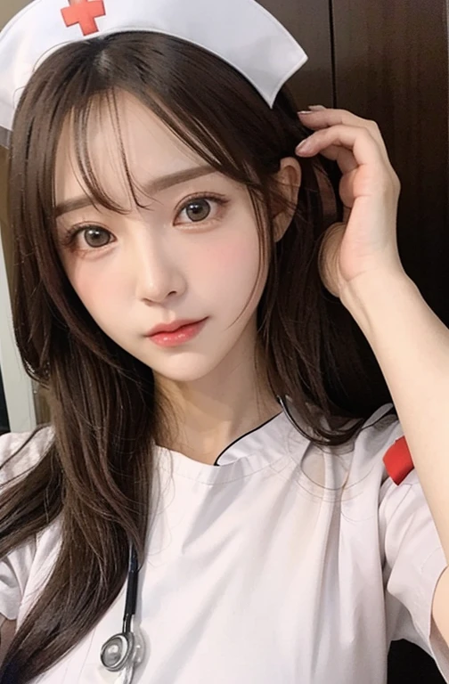 (White Nurse :1.6), high quality, super quality, (detailed face:1.4) ,beautiful woman , golden eyes, long hair , sharpe eyebrow , beautiful bangs are covering her eyes , huge breast ,clear skin
