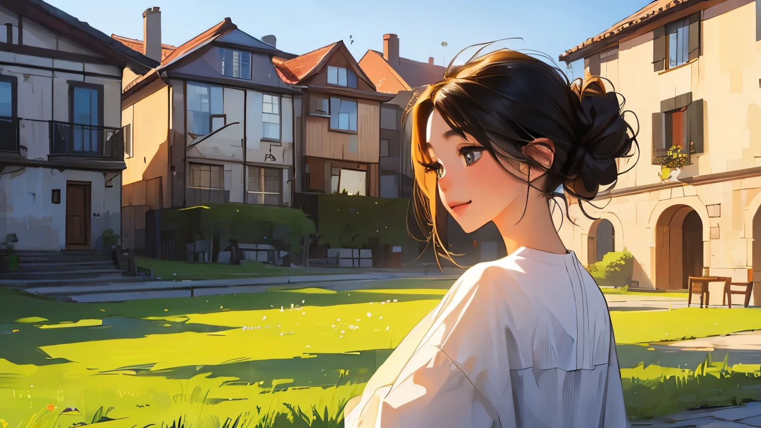 (masterpiece)),(((bestquality))),((ultra-detailed)) realisticlying, 1 girl, Beautiful, black hair, hair tied, happy, morning, outdoor, village