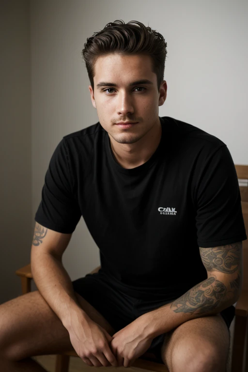 ((1 guy)) (white guy) wearing a black shirt, with a tattoo on his neck, manly (sitting on a chair in a formal manner, with his body forward and looking at the camera as if he were participating in an online meeting) , very detailed, 18 years old, natural wave hair, brown eyes, ((short facial hair)), high resolution, Artwork, best quality, intricate details, highly detailed, sharp focus, detailed skin, realistic skin texture , texture, detailed eyes, Professional, 4k, shot on Canon, 85mm, Shallow depth of field, kodak vision color, perfectly shaped body, extremely detailed, photo_\(ultra\), photorealistic, realistic, post-processing, detail maximum, roughness, real life, ultra realistic, photorealism, photography, 8k hd, photography (film grain) ((medium shot atmospheric dark lighting))