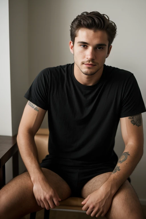 ((1 guy)) (white guy) wearing a black shirt, with a tattoo on his neck, manly (sitting on a chair in a formal manner, with his body forward and looking at the camera as if he were participating in an online meeting) , very detailed, 18 years old, natural wave hair, brown eyes, ((short facial hair)), high resolution, Artwork, best quality, intricate details, highly detailed, sharp focus, detailed skin, realistic skin texture , texture, detailed eyes, Professional, 4k, shot on Canon, 85mm, Shallow depth of field, kodak vision color, perfectly shaped body, extremely detailed, photo_\(ultra\), photorealistic, realistic, post-processing, detail maximum, roughness, real life, ultra realistic, photorealism, photography, 8k hd, photography (film grain) ((medium shot atmospheric dark lighting))