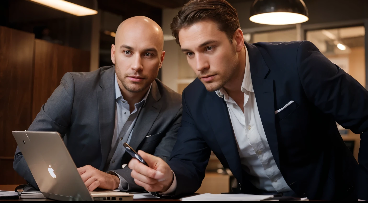 A masterfully captured photograph of two successful entrepreneurs, Mike and George, both in their mid-30s, deeply engrossed in discussing their latest venture. Mike, with his bald head, dons a sophisticated charcoal gray suit, while George, a larger-than-life figure with a full head of hair, is dressed in a stylish navy blue blazer and crisp white shirt. Their focus is on an open laptop displaying their project details. The backdrop is a warmly lit, contemporary office space that exudes a sense of realism and refined sophistication, reflecting their successful lifestyles.