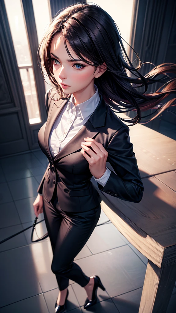 a beautiful woman in a formal business suit, professional attire, full body portrait, detailed facial features, elegant hairstyle, serious expression, high quality, photorealistic, 8k, studio lighting, detailed textures, realistic skin, clear focus, well-composed, cinematic lighting, warm color tones