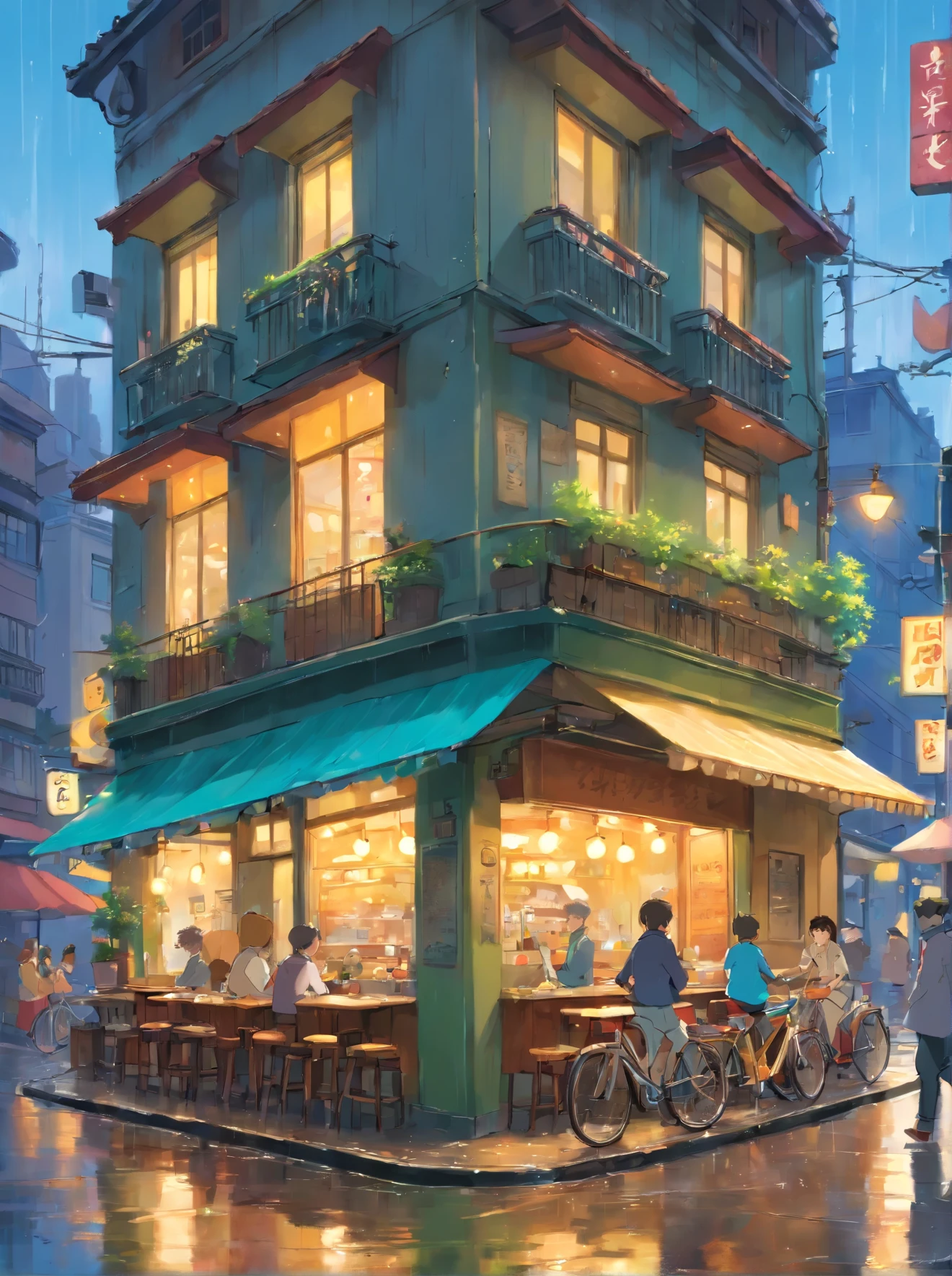 Portrait of a cafe, wet street, buildings, crowded street without people, cycle, rubbish, nostalgia, super quality, high detail, 