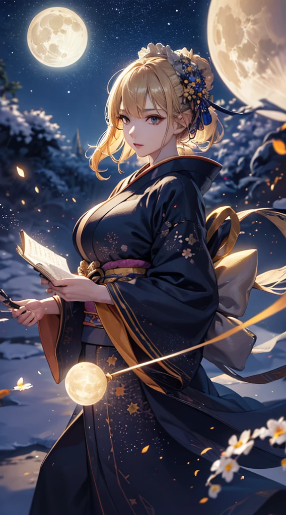 masterpiece, high quality, 4K, Beautiful design, silhouette，blonde， 非常に詳細な夜のStarry Sky,Flower Field， wonderful, Finer details,  Very knowledgeable woman, Highly detailed solo, 1 female,Big Breasts，kimono，Night view，Starry Sky，full moon，