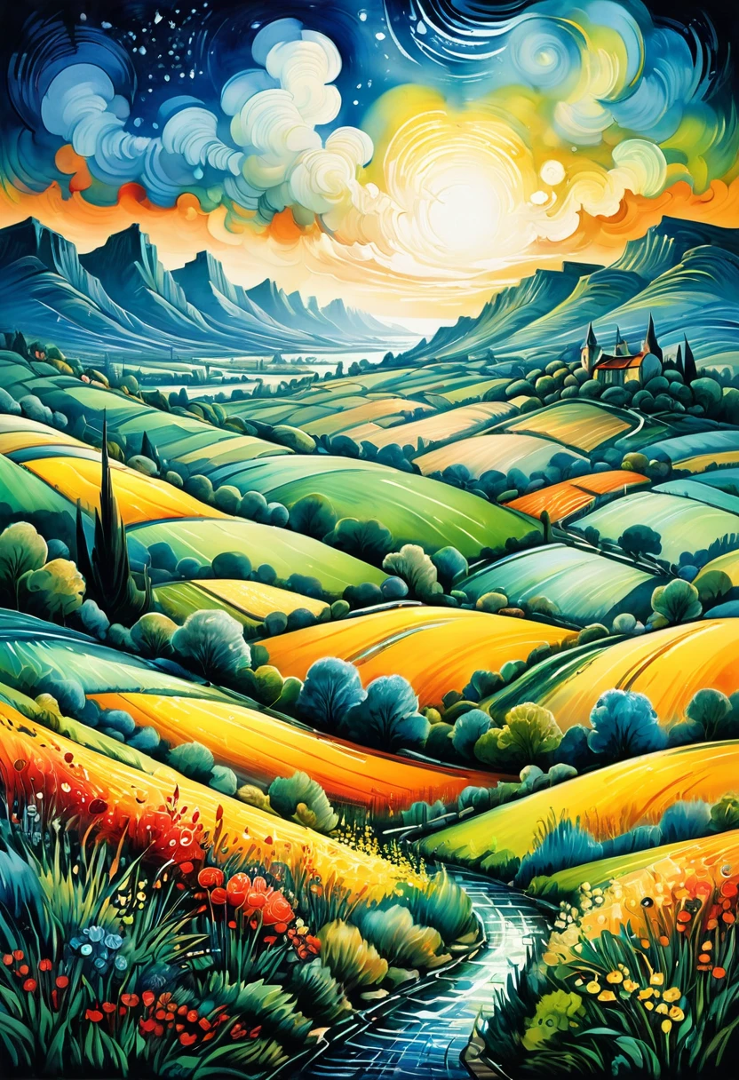 Watercolor Landscape, by Jean Dufy and dan mumford, best quality, masterpiece, very aesthetic, perfect composition, intricate details, ultra-detailed