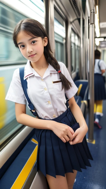 (8k, RAW photo, best quality, masterpiece:1.2), High detail RAW color photo, professional photograph, (realistic, photo realistic:1.37), ((best quality)),On the way to school, (((a beautiful and cute girl in a junior high stands on her tiptoes because of her short stature, and holds on to the straps of the train with her right arm stretched out straight:1.68))),((the girl is )),feminine,((The girl is 138cm tall:1.37)), ((the girl is baby face)),(((the girl has small cute face))), ((big double eyelid eyes)), ((small cute nose)), ((slim waist)), ((small hip)), (looking at viewer:1.2),smooth hair, smooth skins, ((no manicure)), ((no maked up)), ((no accessary)),(the girl is wearing uniforms consisting of a white open-collar business shirt and a navy blue school skirt),((The girl is hanging on to the strap with her right hand)),
