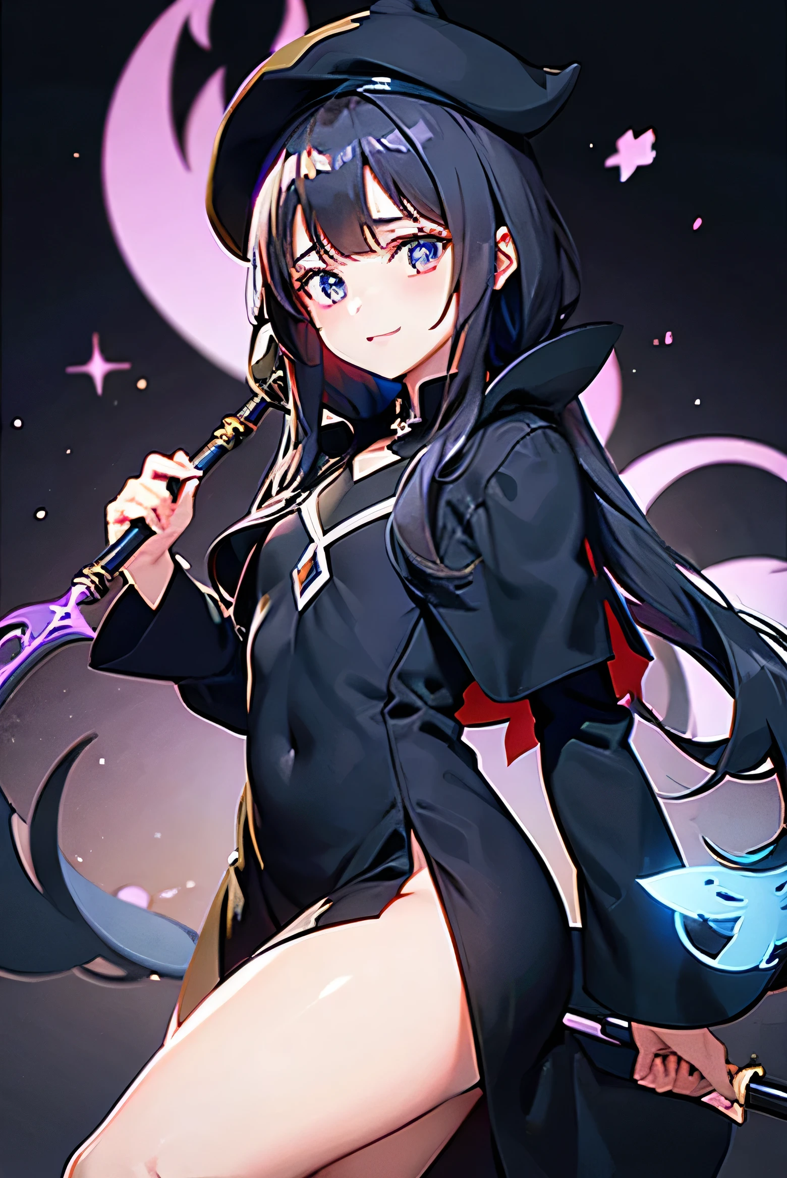 1girl, mage, cute girl in mage clothes, black pointy hat, low-cut black clothes, shadowy staff in hands, looking at viewer, sweet face 