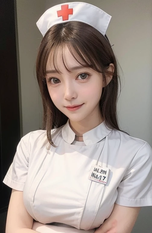 (White Nurse :1.6), high quality, super quality, (detailed face:1.4) ,beautiful woman , golden eyes, long hair , sharpe eyebrow , beautiful bangs are covering her eyes , huge breast:1.8  ,clear skin, smile , nipple 