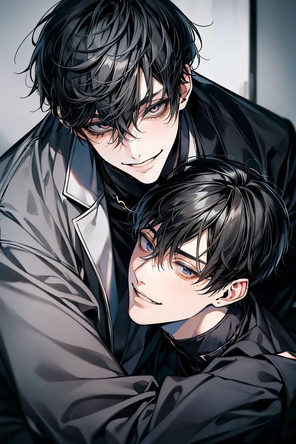 (Mastepiece), (Best Quality), Very detailed, ((Two men intimate:1.5)), Perfect Face, Beautiful Face, Very detailedな顔，(Black-haired man:1.3)，(Grey-haired man:1.3)、(smile:1.4)