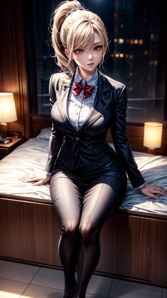 a beautiful woman in a formal business suit, professional attire, full body portrait, detailed facial features, elegant hairstyle, serious expression, high quality, photorealistic, 8k, studio lighting, detailed textures, realistic skin, clear focus, well-composed, cinematic lighting, warm color tones