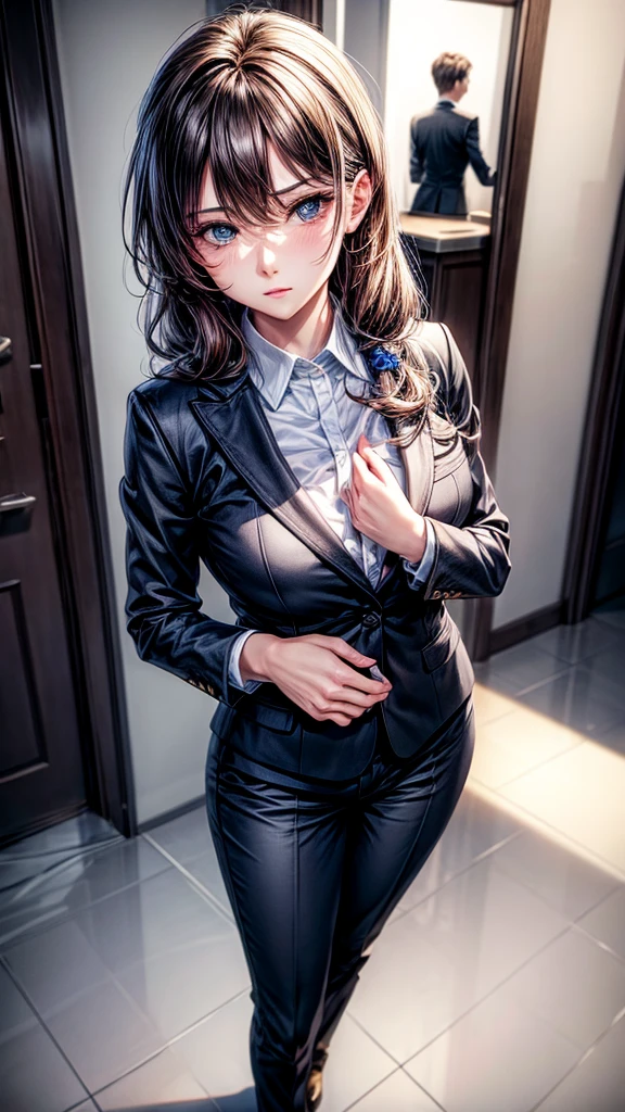 a beautiful woman in a formal business suit, professional attire, full body portrait, detailed facial features, elegant hairstyle, serious expression, high quality, photorealistic, 8k, studio lighting, detailed textures, realistic skin, clear focus, well-composed, cinematic lighting, warm color tones