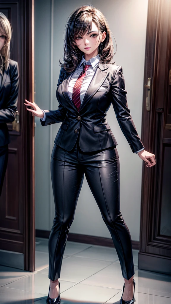 a beautiful woman in a formal business suit, professional attire, full body portrait, detailed facial features, elegant hairstyle, serious expression, high quality, photorealistic, 8k, studio lighting, detailed textures, realistic skin, clear focus, well-composed, cinematic lighting, warm color tones