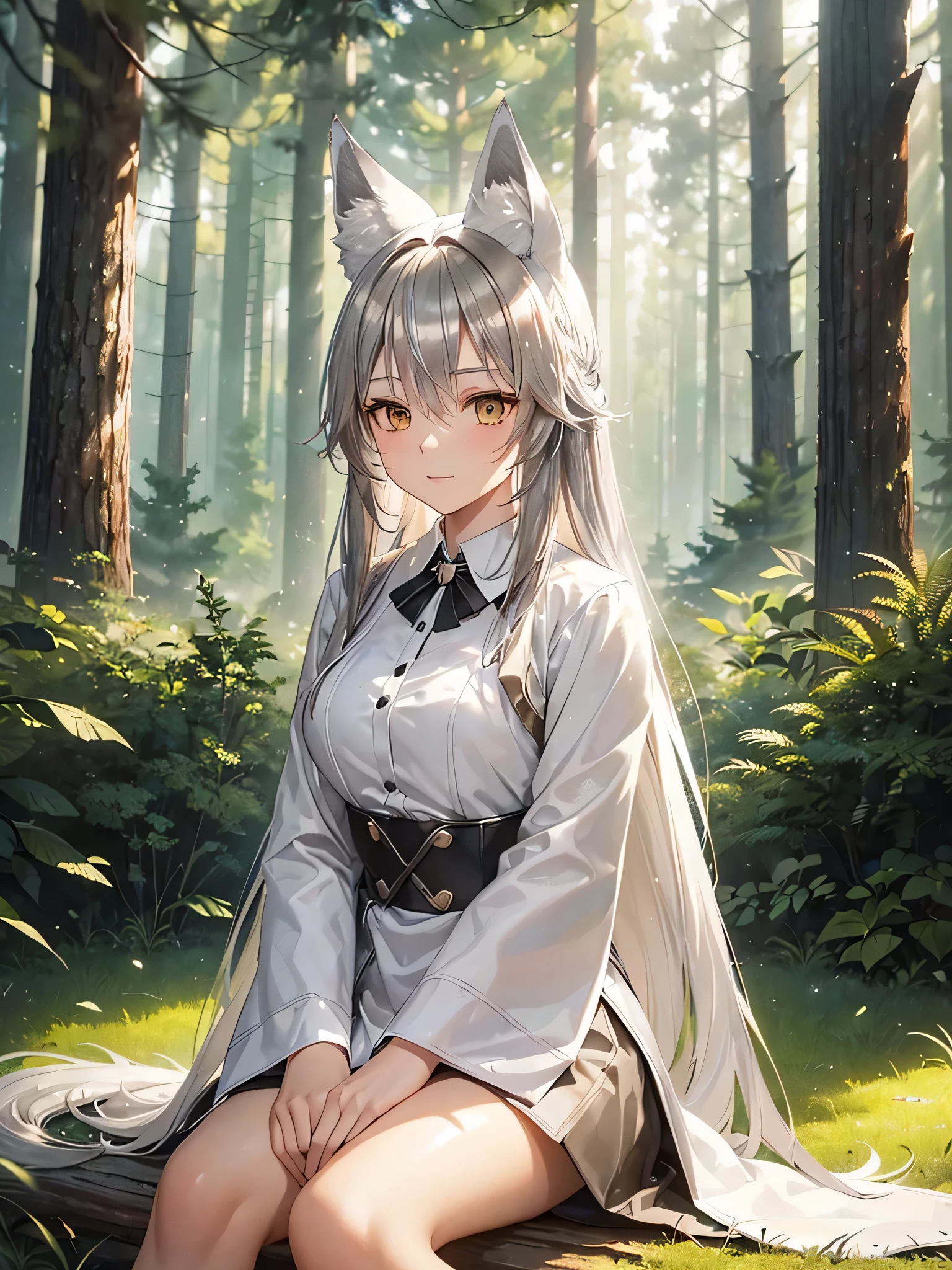 (((best quality))), (((two-tone hair(silver)))), (forest), (physician), cowboy shot, ((shoot from front)), fox woman, white fox ears, white fox tail, long white hair, hair covering the side of the face, sitting on the ground, happy, 1 woman, good light particles, good composition, (FOREST BACKGROUND)