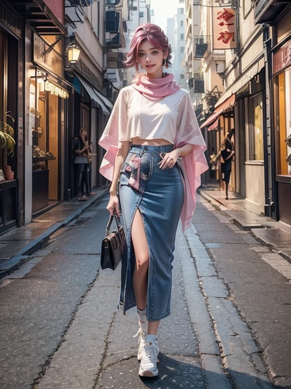 highest quality, Very detailed, masterpiece, 1 person,woman,(((完璧なwomanの体))),Very beautiful face, Very beautiful body,Gentle expression, Very beautiful eyes,(Perfect Makeup:1.1),Fashion Model,Cyberpunk Fashion,Curly Hair,Shaggy Hair,pink and blue hair:1.3, very thin body,Smart Abs,Monogram pattern,Gradation,Fractal Art Vinyl Suit,Two-tone high-top sneakers,A kind smile,Full body portrait,(Future city background), (Shiny skin),(Earrings),Seesul,Long scarf with elegant pattern,Extra long shawl,Haori,