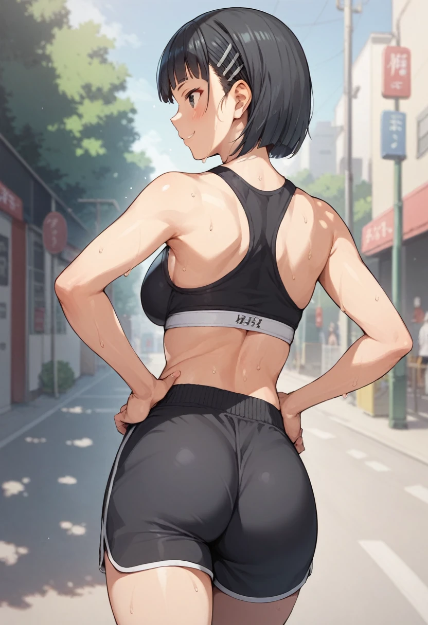  score_9, score_8_up, score_7_up, uncensored, 1girl, solo, female focus, (Kirigaya Suguha), BREAK,smile city street,from behind,sweat,hands on own hips,big butt,solo,black hair,black eyes,hairclip,black sports bra,black shorts,walking