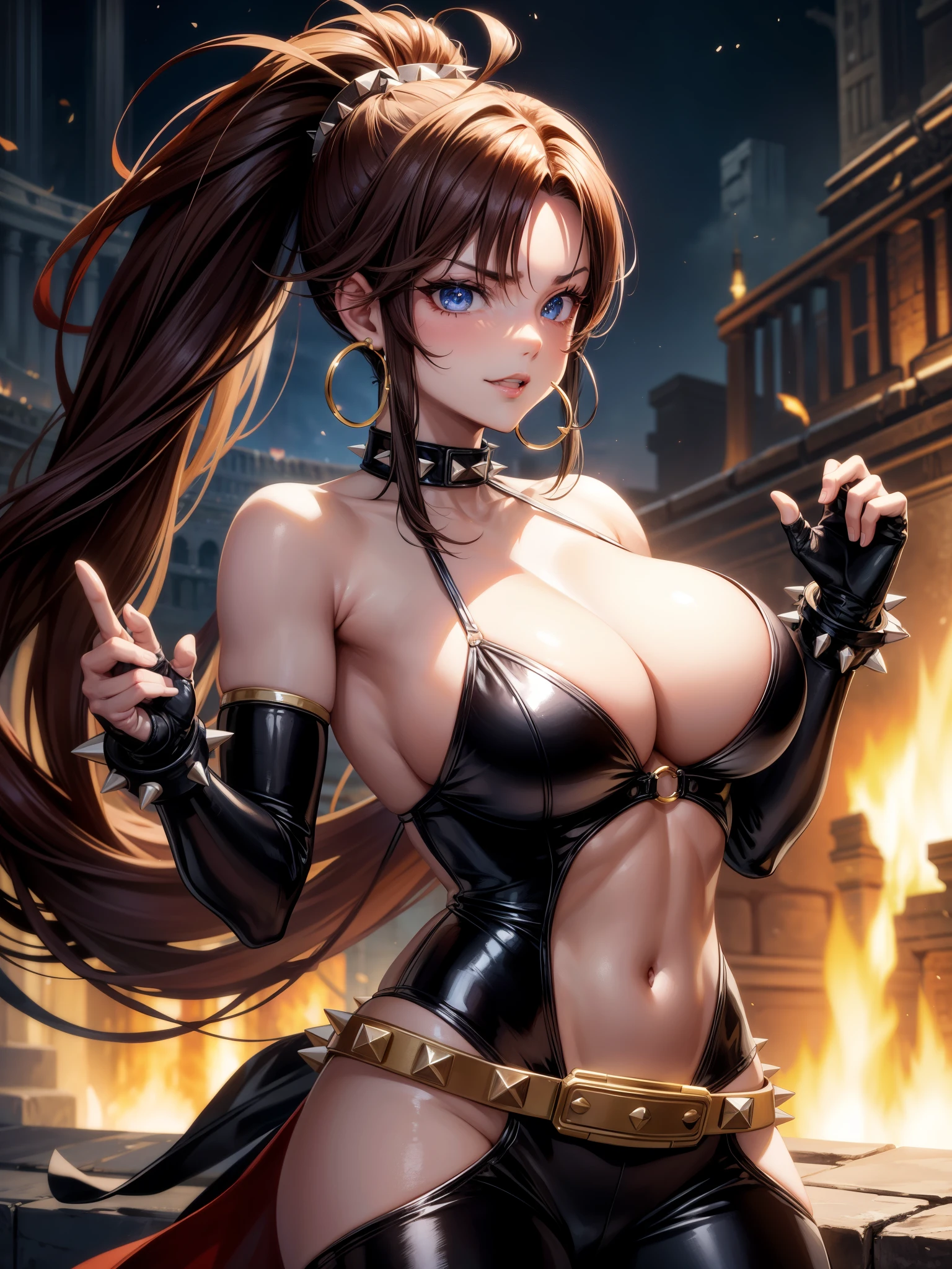 taniayugi, scar, girl, high ponytail, hoop earrings, long hair, spikes, spiked collar, blue eyes, earrings, brown hair, breasts, gloves,cleavage, bare shoulders, fingerless gloves, spiked bracelet, colosseum, huge muscles, very bulky, posing, snarling, cute smiles, latex leggings, sexy latex tops, butt sex