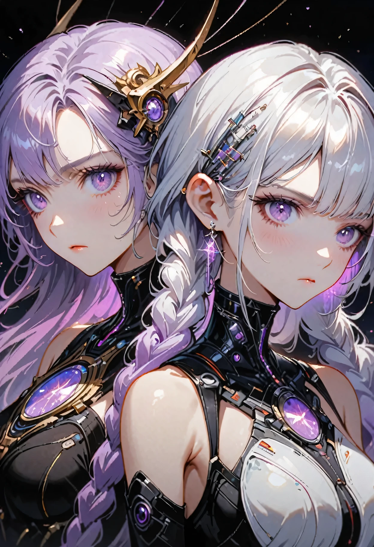Complex 3D RendeRing ,Beautiful poRcelain contouRed mechanical female,man and woman standing back-to-back looking at the viewer,yinji , purple hair,purple eyes,very long hair,grey hair,double braid,gradient hair, cyboRg, integRated ciRcuit paRts, Rim light, VibRant details, LuxuRy CybeRpunk, Lace, hypeRPractical, Anatomy, cable wiRes, micRochip, elegant, beautiful StaRRy Sky backgRound, octane RendeRing, H. R. FixtuRe style, 8K, best quality, masteRpiece, illustRation, extRemely delicate and beautiful, VeRy detailed ,CG ,Unite ,wallpapeR, (Practical, photo-Practical:1.37),Astonishing, Fine details, SilveR ead