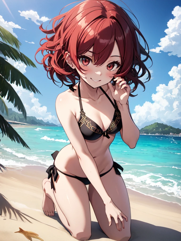 (((highest quality))), ((Super detailed)), (Very detailed), ((very delicate and beautiful)),(cute delicate face), ((masterpiece)), perfect sexy anatomy, Complex, (very detailed), masterpiece, anime style, (A short, yandere,cute girl),(black ornate bikini :1.3), ((beach)) ,(Full body),( beach ball in hand),red hair,(medium cut hair),(dynamic pose), looking at the viewer,smile face, double eyelid,delicate skin,small breasts