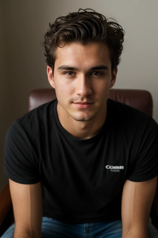 ((1 guy)) (white guy) wearing a black shirt, manly (sitting on a chair in a formal way, with his body forward and looking at the camera as if he were participating in an online meeting), very detailed, 18 years old old, natural wave hair, brown eyes, ((short facial hair)), high resolution, Artwork, best quality, intricate details, highly detailed, sharp focus, detailed skin, realistic skin texture, texture, detailed eyes, Professional, 4k, Shot on Canon, 85mm, Shallow Depth of Field, Kodak Vision Color, Perfectly Shaped Body, Extremely Detailed, Photo_\(Ultra\), Photorealistic, Realistic, Post Processing, Maximum Detail, Roughness, Real Life , ultra realistic, photorealism, photography, 8k HD, photography (film grain) ((medium shot atmospheric dark lighting))