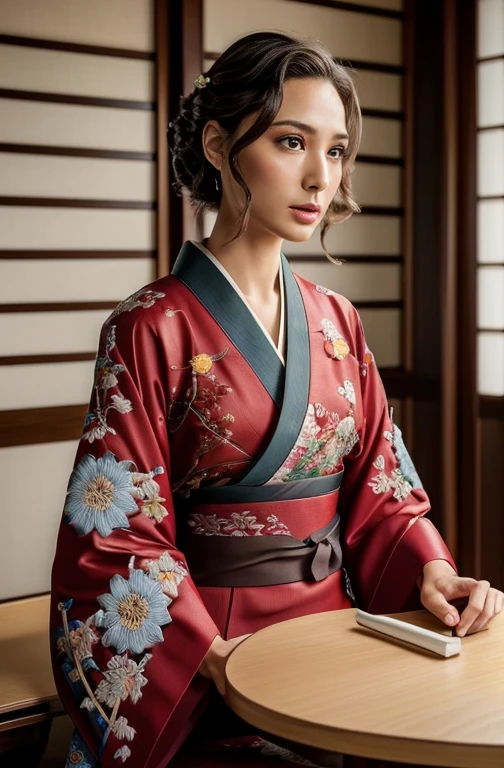 A woman was sitting at the table,Gal Gadot, Perfect Eyes, Beautiful Face,Light brown hair, Short fine hair, Bobohead, Side part hair,Background of Details,break ,Beautiful costumes(High-end kimono(red kimono(Detailed embroidery)),Handgun in one hand,Japanese sword in one hand