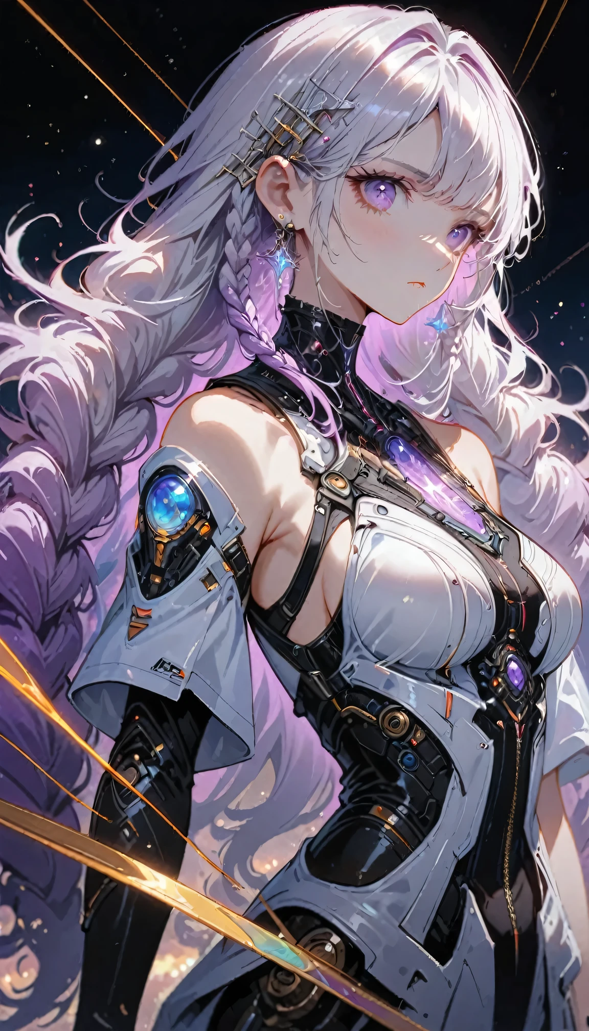 Complex 3D RendeRing ,Beautiful poRcelain contouRed mechanical female,man and woman standing back-to-back looking at the viewer,yinji , purple hair,purple eyes,very long hair,grey hair,double braid,gradient hair, cyboRg, integRated ciRcuit paRts, Rim light, VibRant details, LuxuRy CybeRpunk, Lace, hypeRPractical, Anatomy, cable wiRes, micRochip, elegant, beautiful StaRRy Sky backgRound, octane RendeRing, H. R. FixtuRe style, 8K, best quality, masteRpiece, illustRation, extRemely delicate and beautiful, VeRy detailed ,CG ,Unite ,wallpapeR, (Practical, photo-Practical:1.37),Astonishing, Fine details, SilveR ead