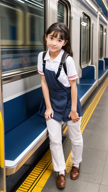 (8k, RAW photo, best quality, masterpiece:1.2), High detail RAW color photo, professional photograph, (realistic, photo realistic:1.37), ((best quality)),On the way to school, (((a beautiful and cute girl in a junior high stands on her tiptoes because of her short stature, and holds on to the straps of the train with her right arm stretched out straight:1.68))),((the girl is )),feminine,((The girl is 138cm tall:1.37)), ((the girl is baby face)),(((the girl has small cute face))), ((big double eyelid eyes)), ((small cute nose)), ((slim waist)), ((small hip)), (looking at viewer:1.2),smooth hair, smooth skins, ((no manicure)), ((no maked up)), ((no accessary)),(the girl is wearing uniforms consisting of a white open-collar business shirt and a navy blue school skirt),((The girl is hanging on to the strap with her right hand:1.68)),