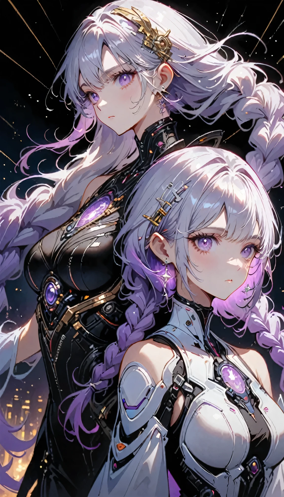 Complex 3D RendeRing ,Beautiful poRcelain contouRed mechanical female,man and woman standing back-to-back looking at the viewer,yinji , purple hair,purple eyes,very long hair,grey hair,double braid,gradient hair, cyboRg, integRated ciRcuit paRts, Rim light, VibRant details, LuxuRy CybeRpunk, Lace, hypeRPractical, Anatomy, cable wiRes, micRochip, elegant, beautiful StaRRy Sky backgRound, octane RendeRing, H. R. FixtuRe style, 8K, best quality, masteRpiece, illustRation, extRemely delicate and beautiful, VeRy detailed ,CG ,Unite ,wallpapeR, (Practical, photo-Practical:1.37),Astonishing, Fine details, SilveR ead