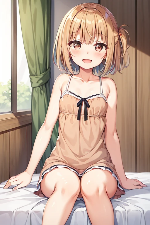 ((highest quality)), ((masterpiece)), (be familiar with), Perfect Face, indoor, Bedroom, Watching the audience,
One woman, Yuigahama Yui,
Open Mouth, Ecstatic expression, blush, smile,
Small breasts, Flat Chest, Young Girl, , , Girl,
Short Hair, Salmon-colored hair, Salmon-colored eyes, Side Pony,
Leg spread,