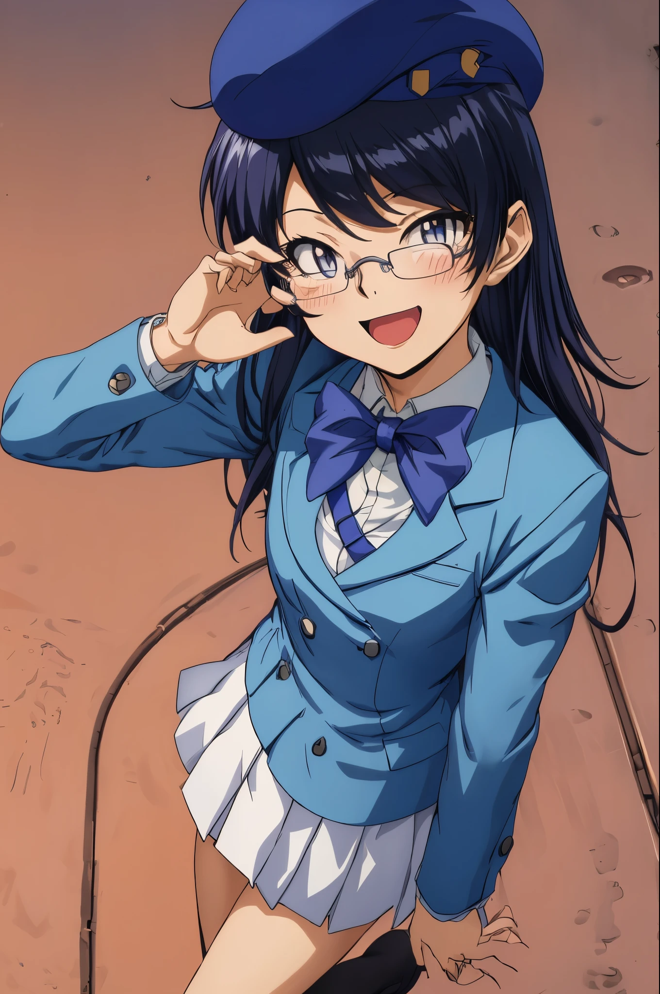 upper body,(paw pose),nogami aoi,glasses,beret,long hair,dark blue hair,(light blue blazer),neck ribbon,long sleeve,miniskirt,open mouth,smile,blush,alley,masterpiece,Noise Reduction,perfect anatomy,high resolution, ultra-detailed,game cg,dutch angle ,beautiful detailed eyes,perfect lighting,