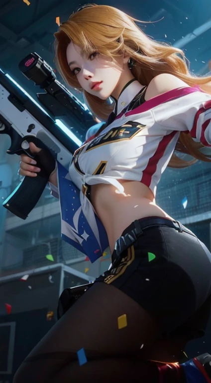 a woman with a  in her hand and a lot of confetti, kda, shooting pose, inspired by Leng Mei, mobile wallpaper, phone background, mobile legends, g liulian art style, senna from league of legends, phone wallpaper, female action anime girl, ig model | artgerm, trending at cgstation, range murata and artgerm